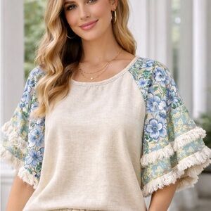 Umgee Cream Top with Blue and Green Floral Fringe Raglan Sleeves